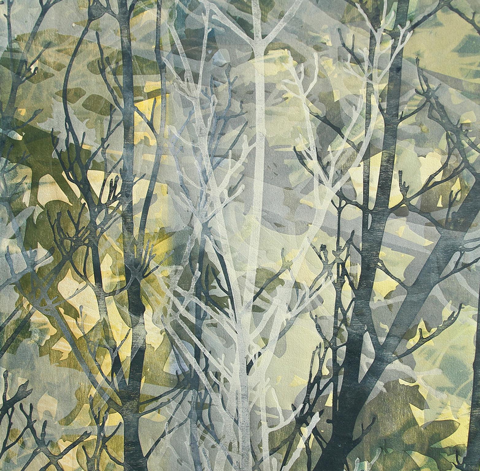 Katherine Warinner Abstract Print - Forest Evening - Relief Monotype Branches in Blues