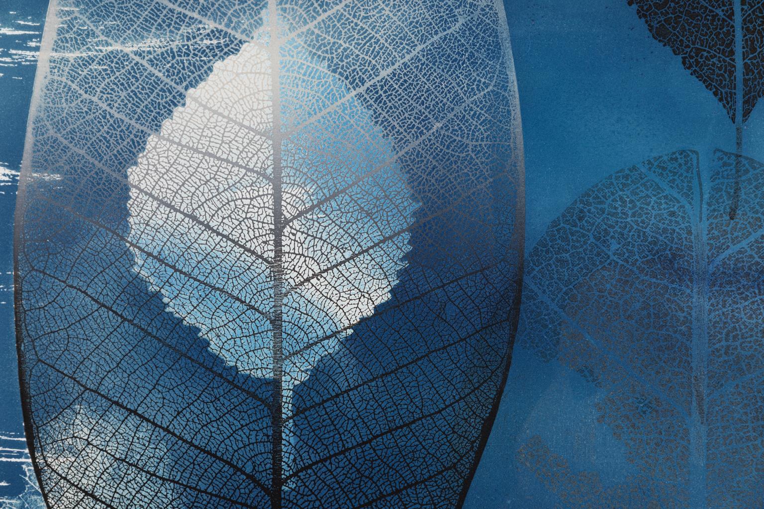 Leaf Ocean - Leaves in Blue Ocean Large Cyanotype Woodcut Monotype - Print by Katherine Warinner