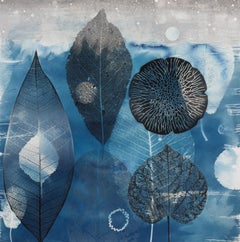 Océan à feuilles - Feuilles dans l'océan bleu - Monotype en bois de grand cyanotype