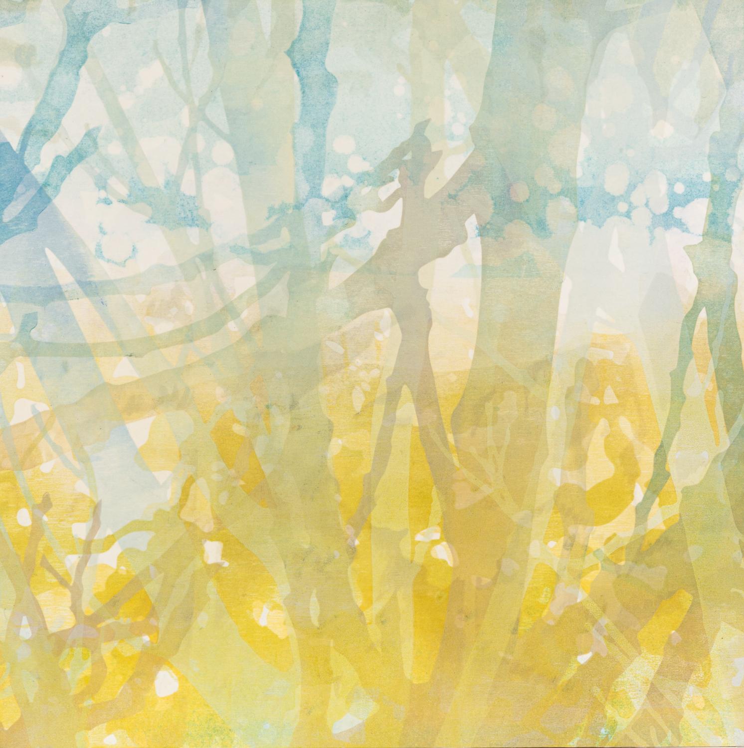 Katherine Warinner Landscape Print – ""Thicket 1"" - Mehrschichtige abstrakte Zweige und Blattwerk in Gelb-Grau-Blau