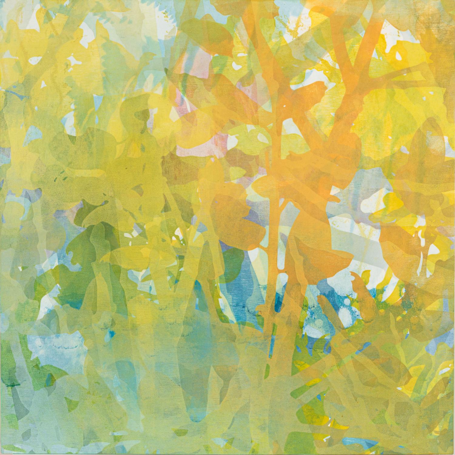 Katherine Warinner Landscape Print - "Thicket 4" - Multi-layered Branches and Foliage in Yellow Green Blue
