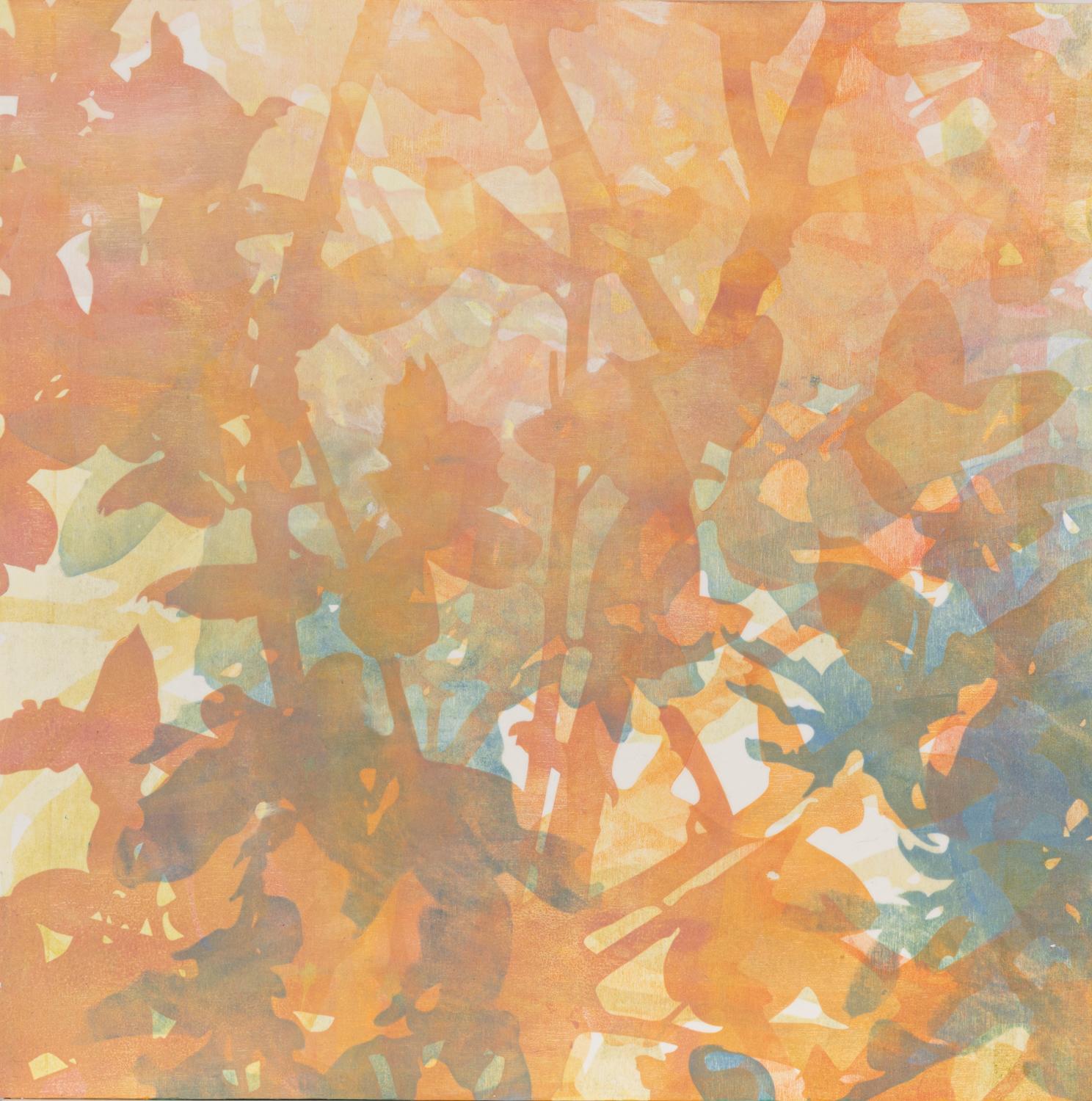 Landscape Print Katherine Warinner - ""Thicket 6"" - Branches et feuillage multicouches en orange, jaune et bleu