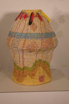 Katherine Westphal Big Sky ha firmato un cesto in rafia intrecciata con accenti di piume 1994