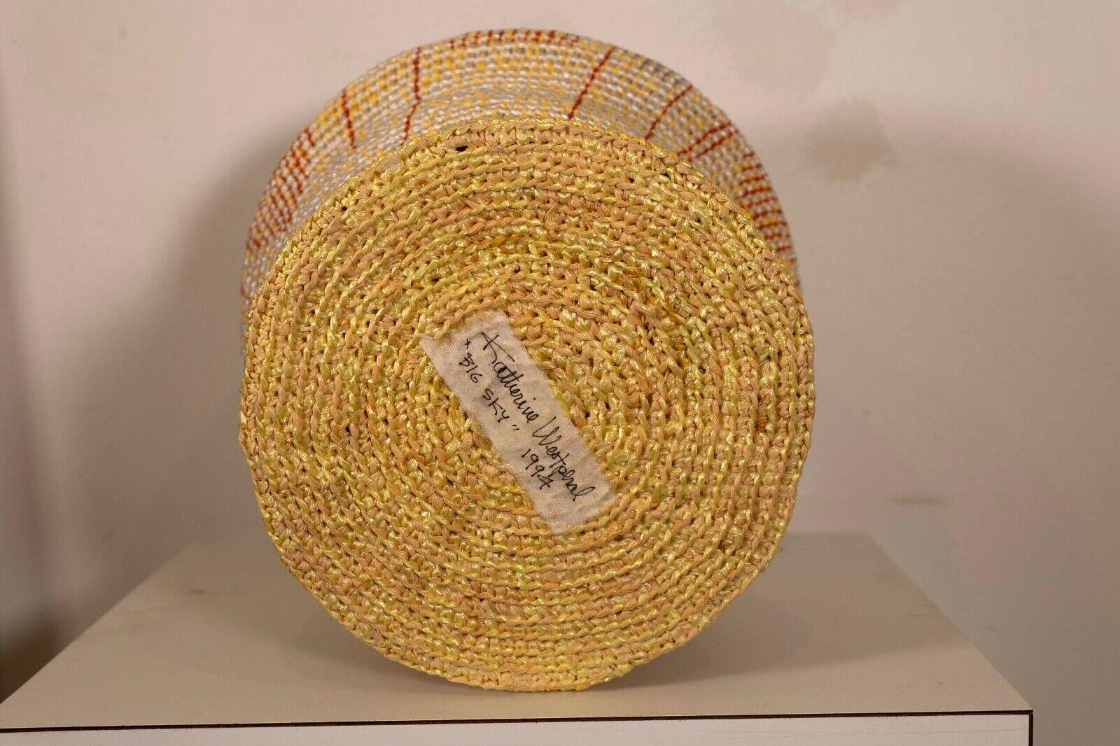 Katherine Westphal Big Sky Signed Raffia Woven Basket w/ Feather Accents 1994 For Sale 4