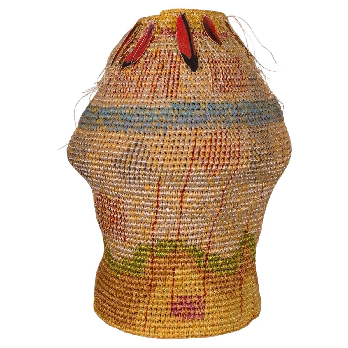 Katherine Westphal Big Sky Signed Raffia Woven Basket w/ Feather Accents 1994 For Sale