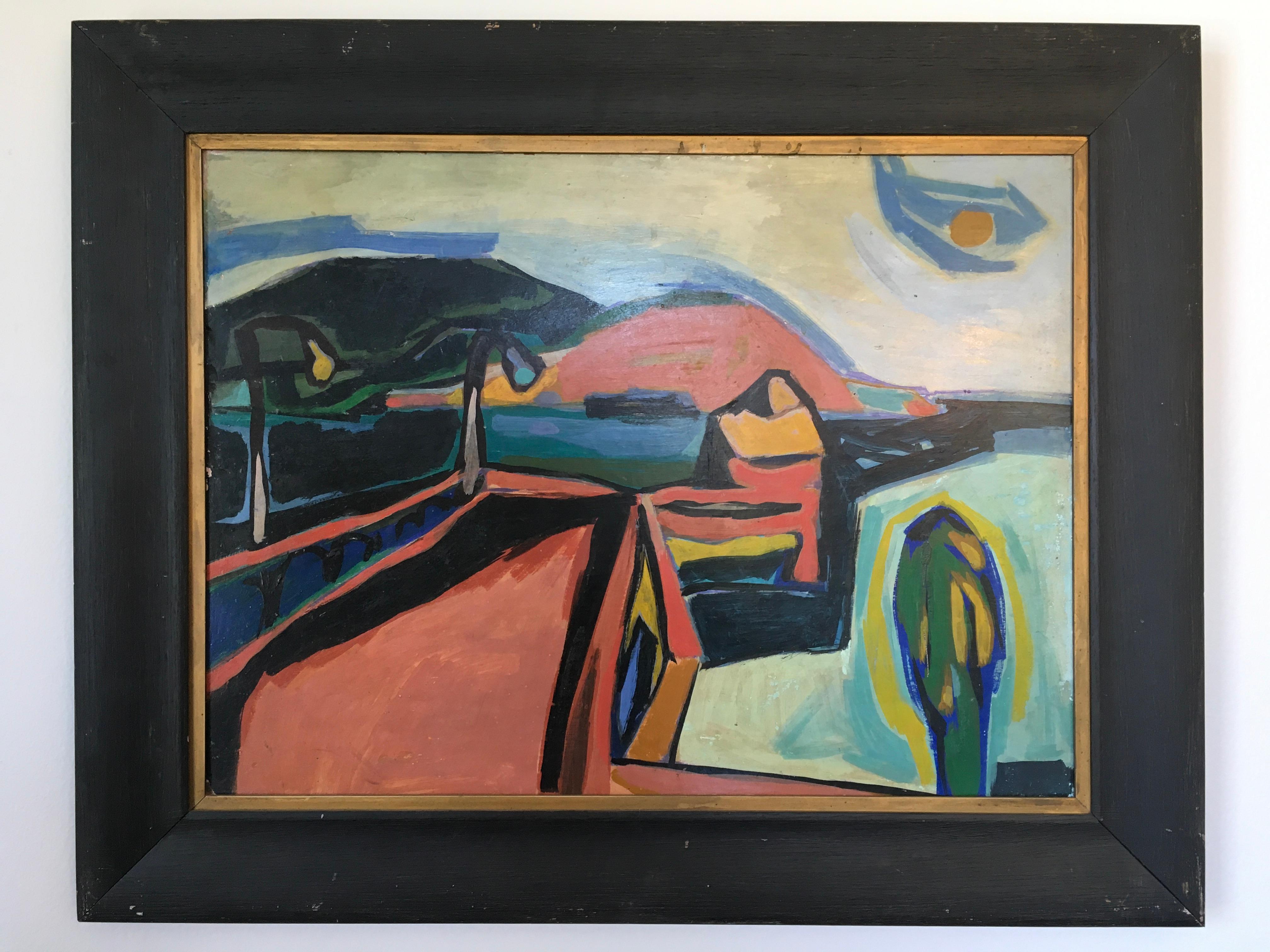 Katherine Westphals Öl-auf-Karton-Gemälde mit dem Titel "Abstrakte Landschaft" verkörpert die stilistischen Qualitäten der abstrakten Malerei. Mit einer vielfältigen Farbpalette aus Orange-, Rot-, Gelb-, Blau- und Grüntönen schafft Westphal ein