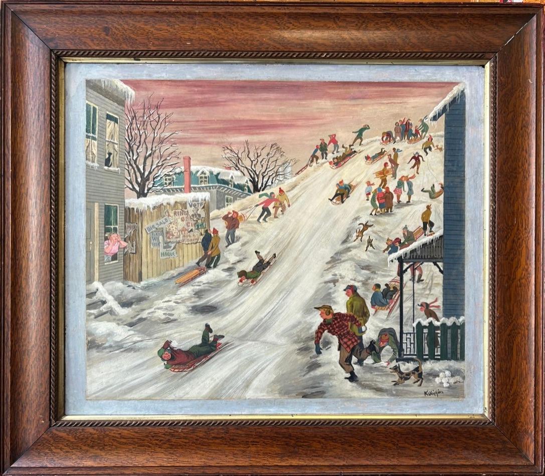 Colliers Magazine 1947 American Scene Social Realism Modern Families in the Snow - Painting by Katherine Wiggins