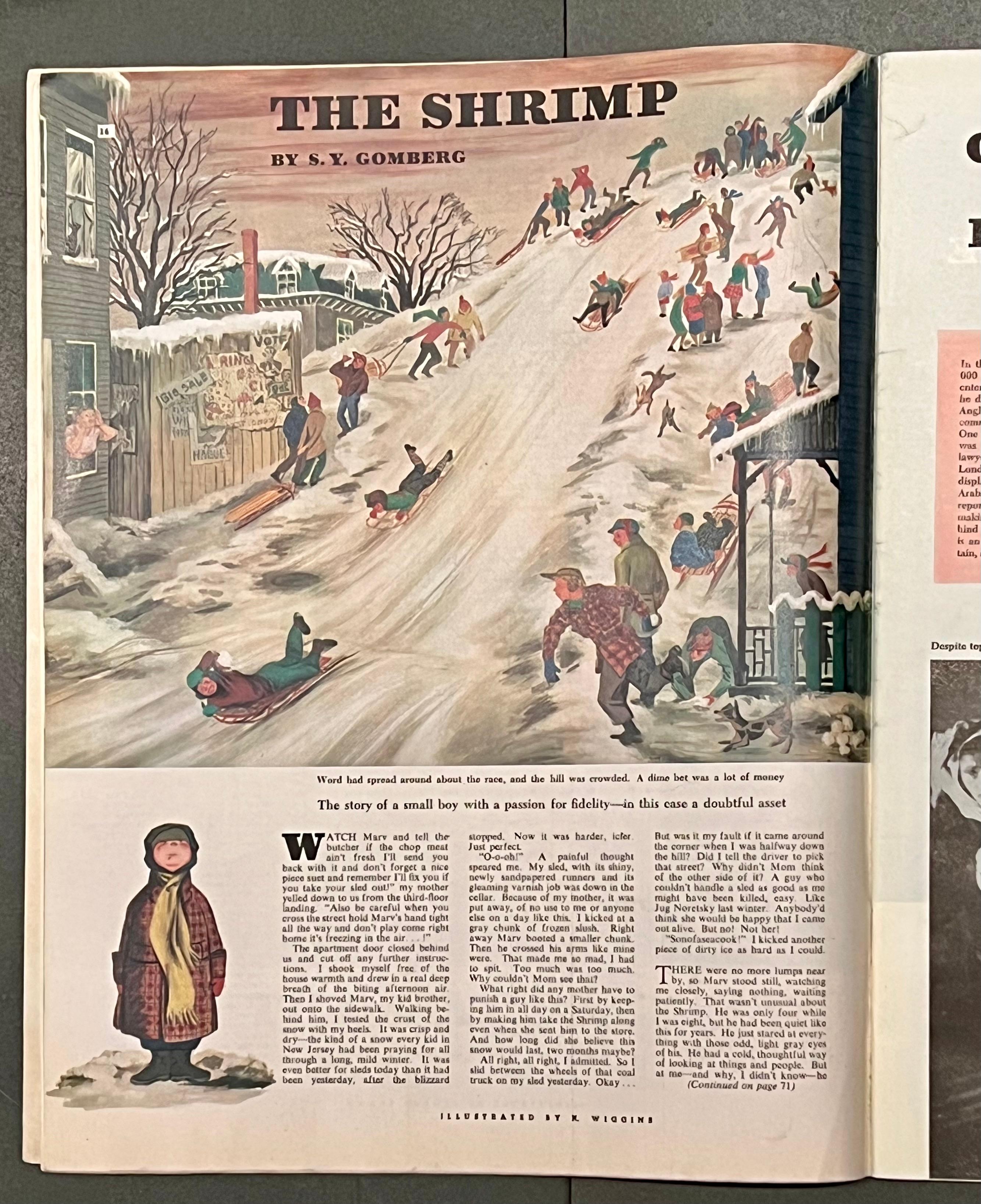 Colliers Magazine 1947 Escena Americana Realismo Social Familias Modernas en la Nieve - Landscape Painting Marrón de Katherine Wiggins