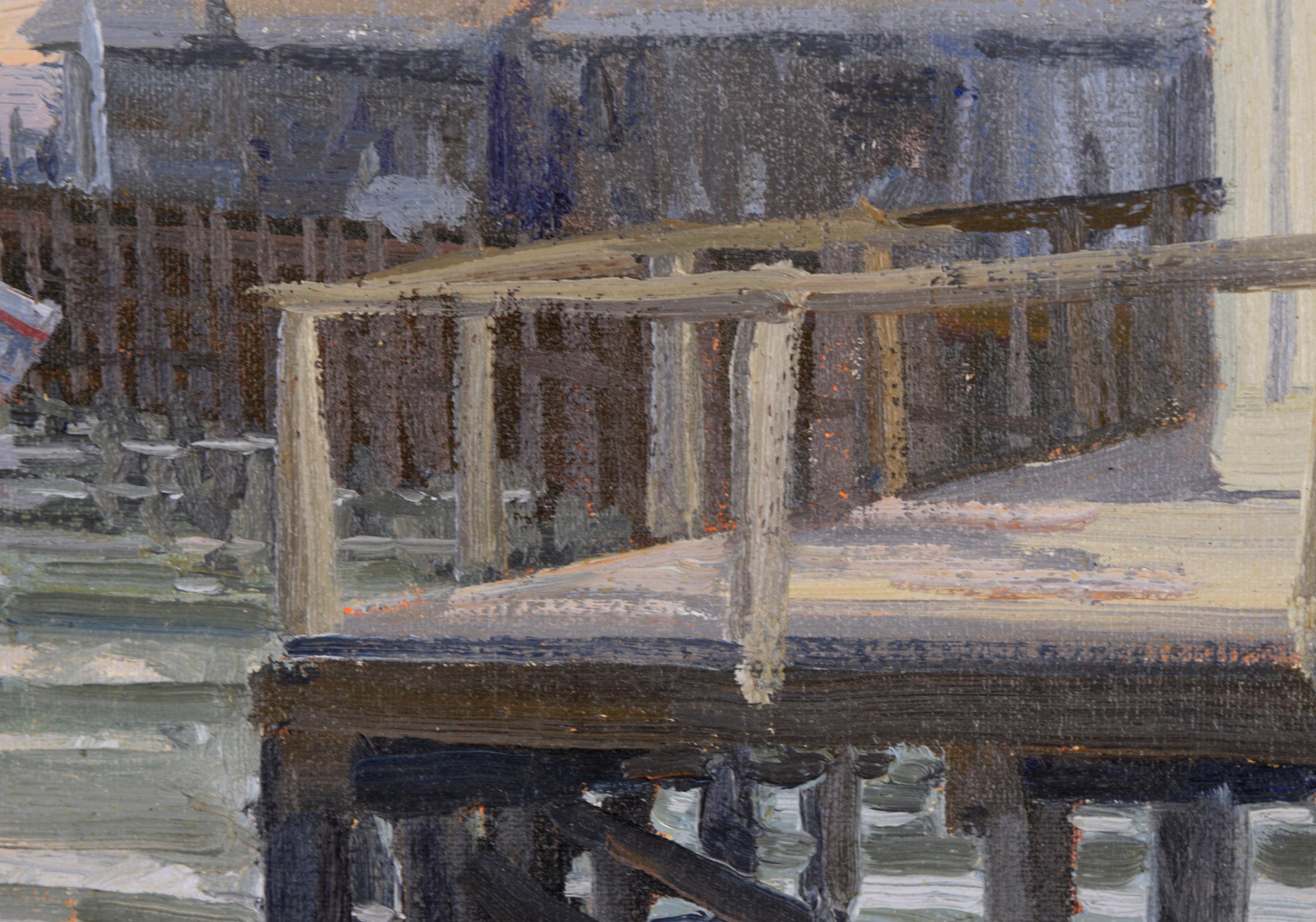 Muelle de la Bahía de Monterrey Paisaje marino Plein Air - Landscape Painting Marrón de Katherine Wipfler