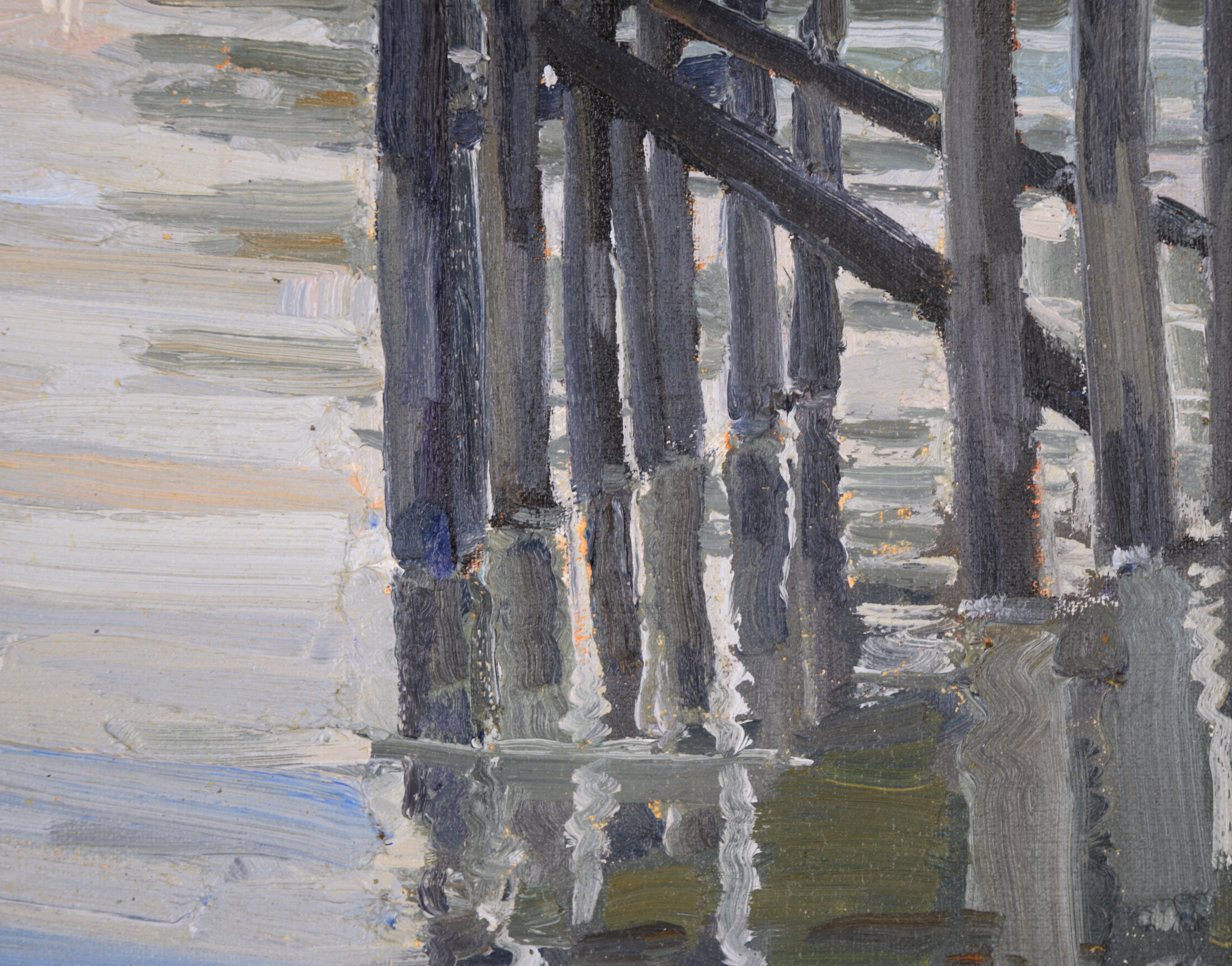 Monterey Bay Dock Plein Air Seascape - Brown Landscape Painting by Katherine Wipfler