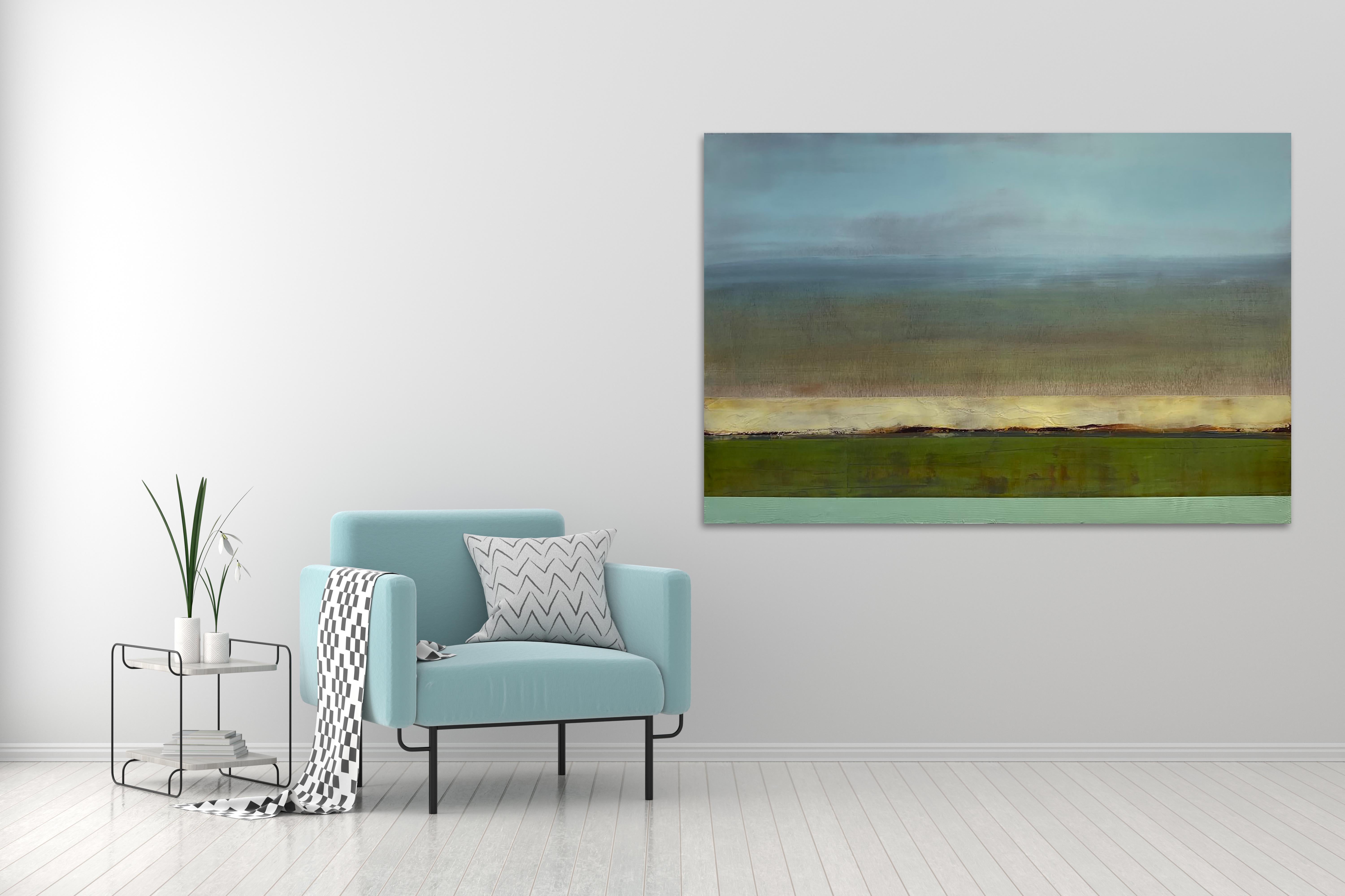 Landscape Abstract  Contemporary Mixed Media In green White & Blue  - Painting by Katheryn Holt