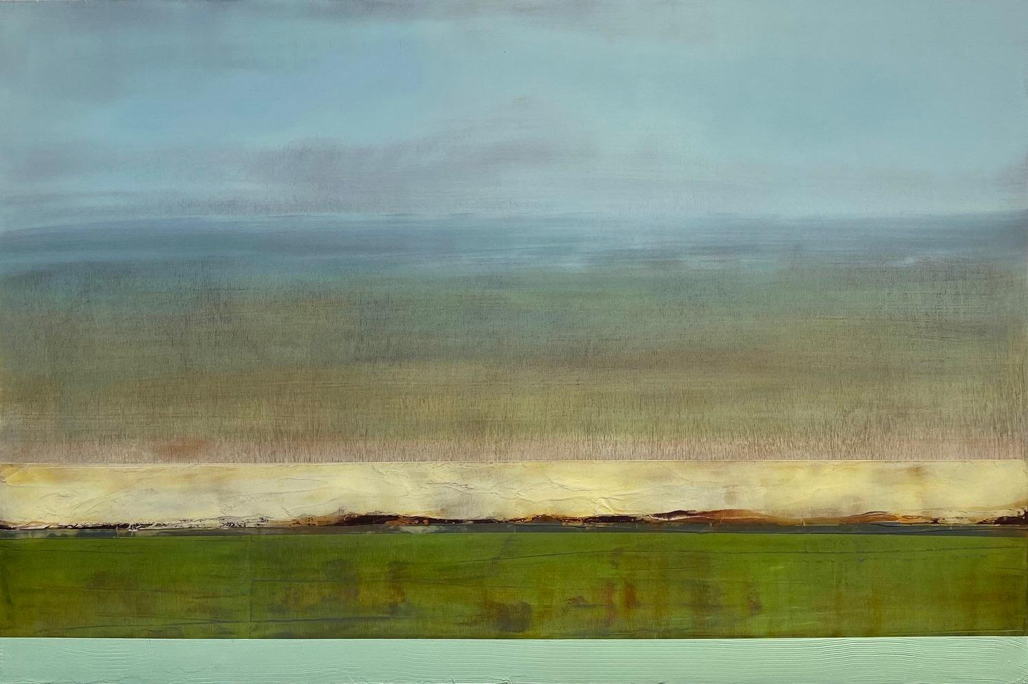 "Evening Falls" de Katheryn Holt - Arte abstracto en tonos verdes, ocres y tierra