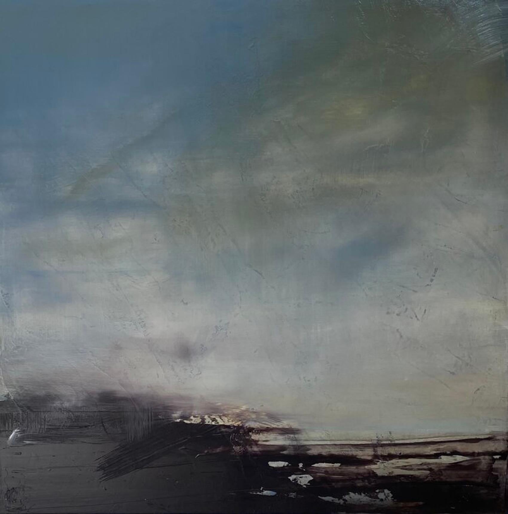 'Early Rain' di Katheryn Holt - Astratto contemporaneo grigio, blu e nero
