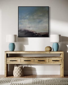 "Early Rain" - Textured Mixed Media Abstract Painting in Muted Blue and Black