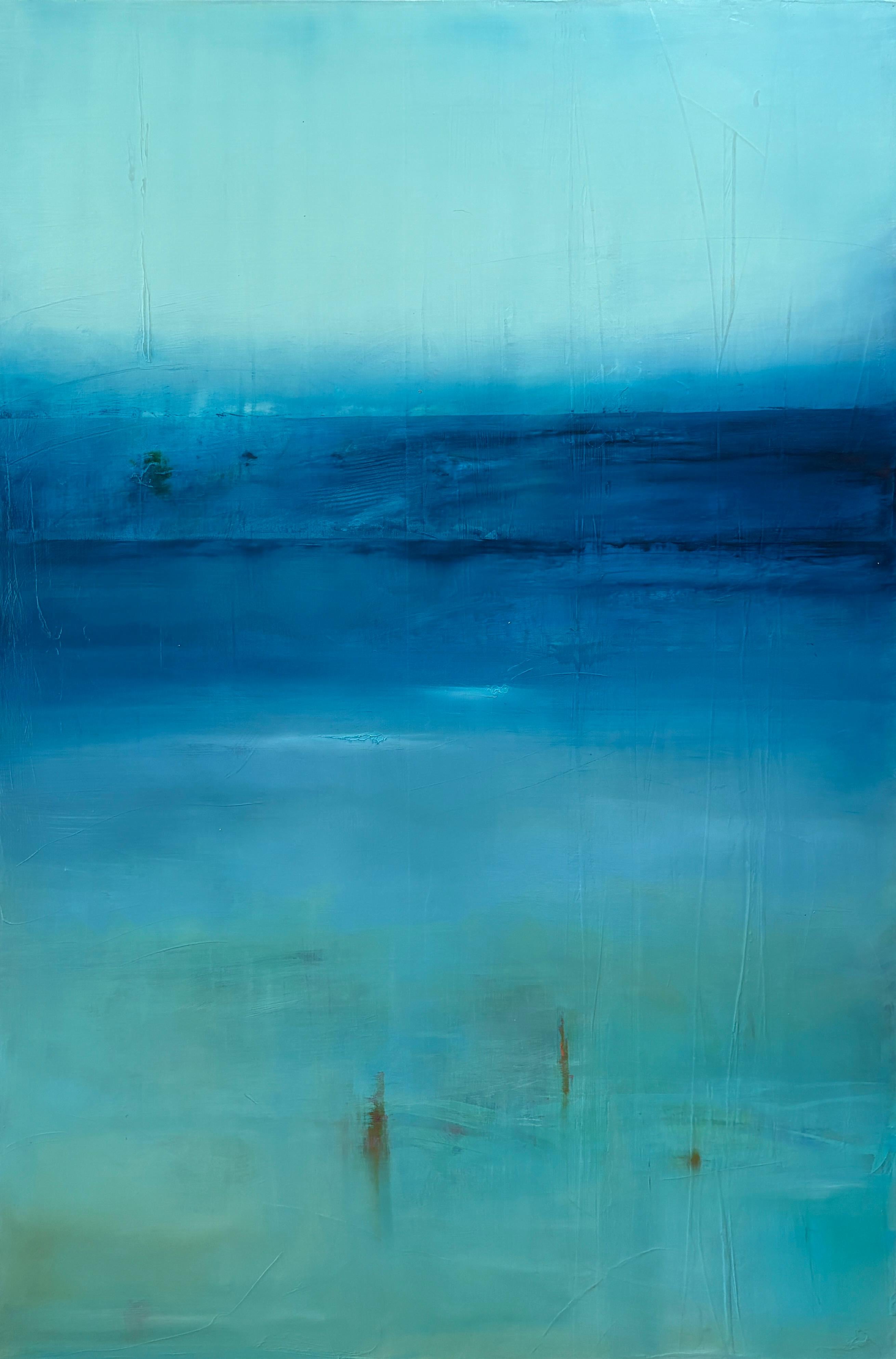 "Reflejo" de Katheryn Holt - Pintura abstracta de campo de color azul vivo sobre madera