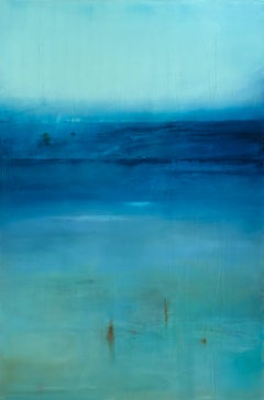 "Reflejo" de Katheryn Holt - Pintura abstracta de campo de color azul vivo sobre madera