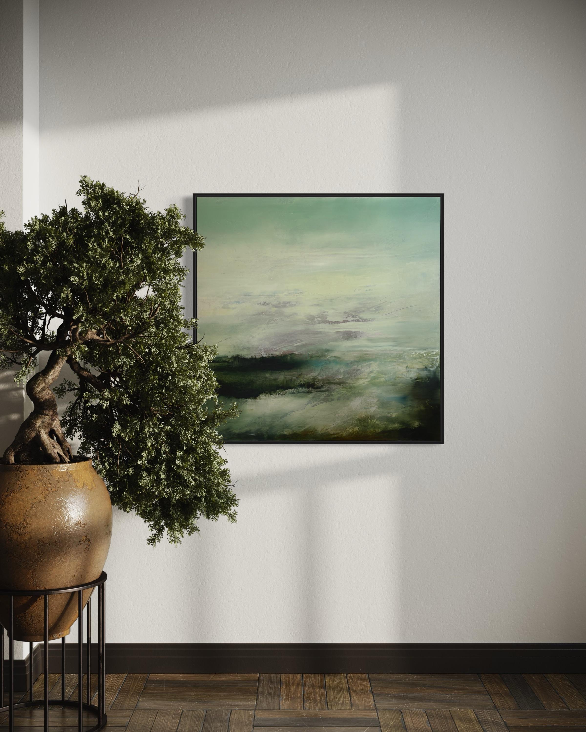 'Rivers End' di Katheryn Holt - Paesaggio astratto contemporaneo in verde e nero in vendita 1