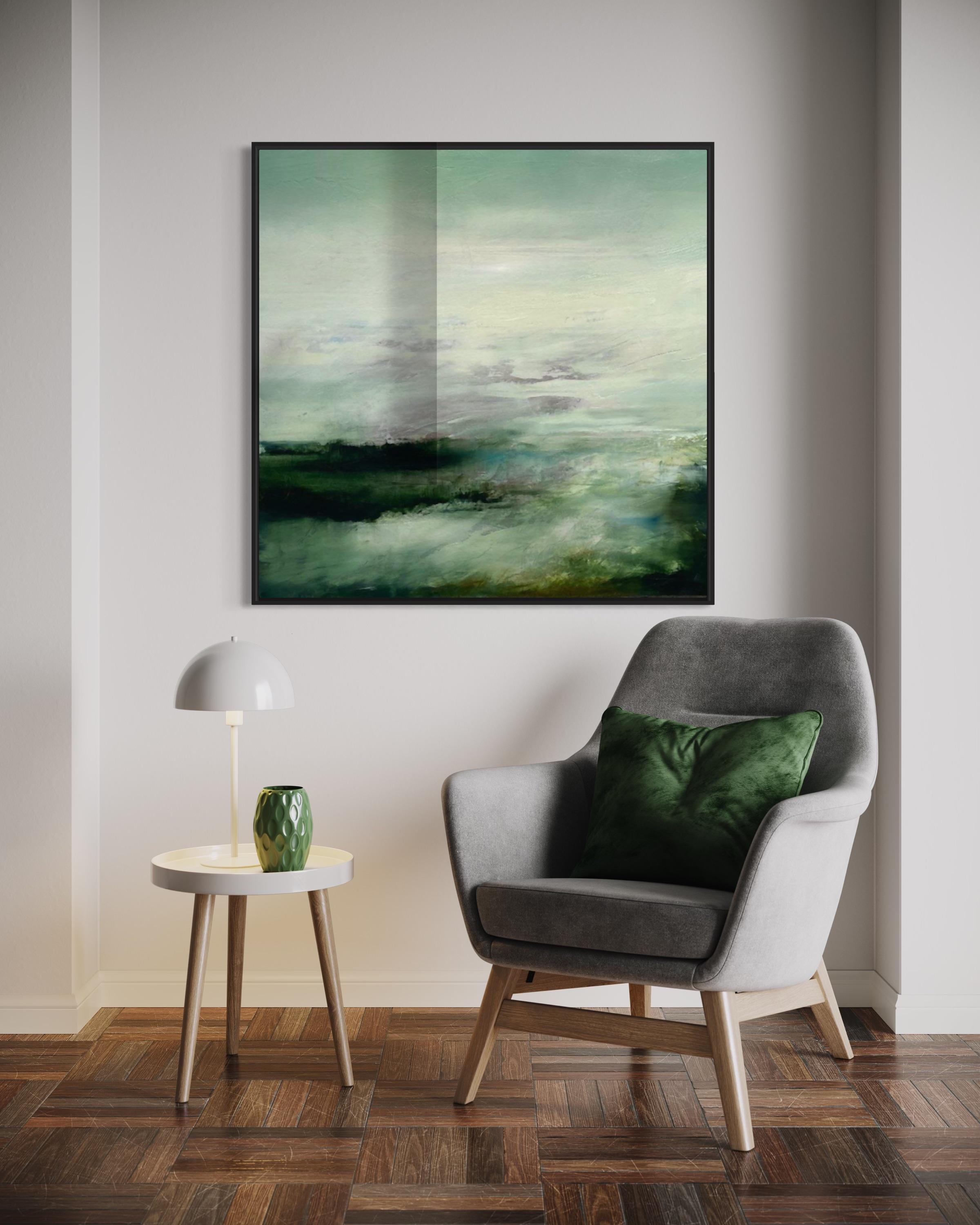 ‘Rivers End’ Green Contemporary Abstract Landscape Mixed Media By Katheryn Holt For Sale 1