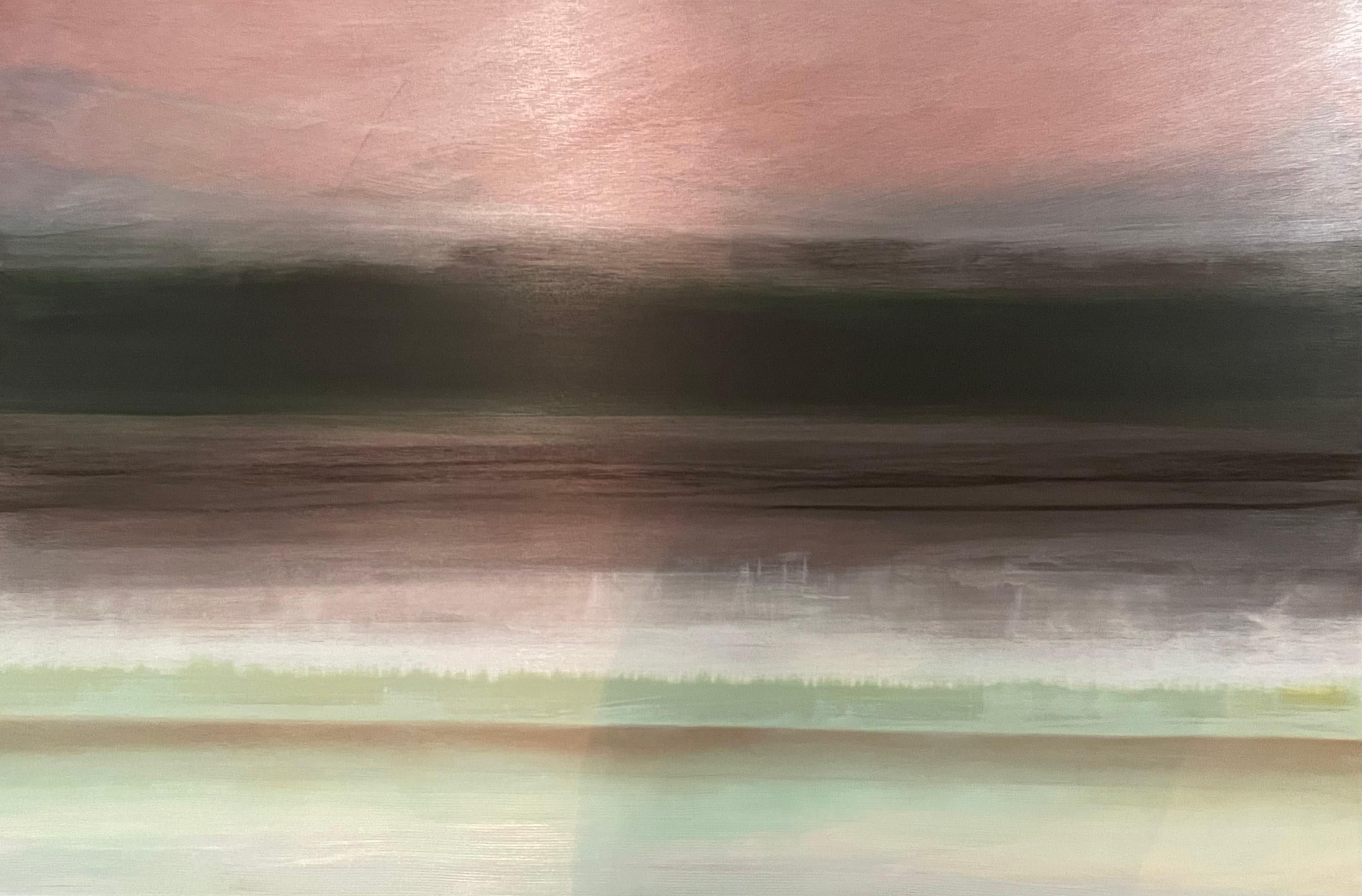 Shade and Breeze" de Katheryn Holt est un paysage abstrait contemporain captivant. Dans ce chef-d'œuvre évocateur, l'artiste manie habilement une palette de teintes plus sombres, dont des noirs profonds et un violet profond et énigmatique en son