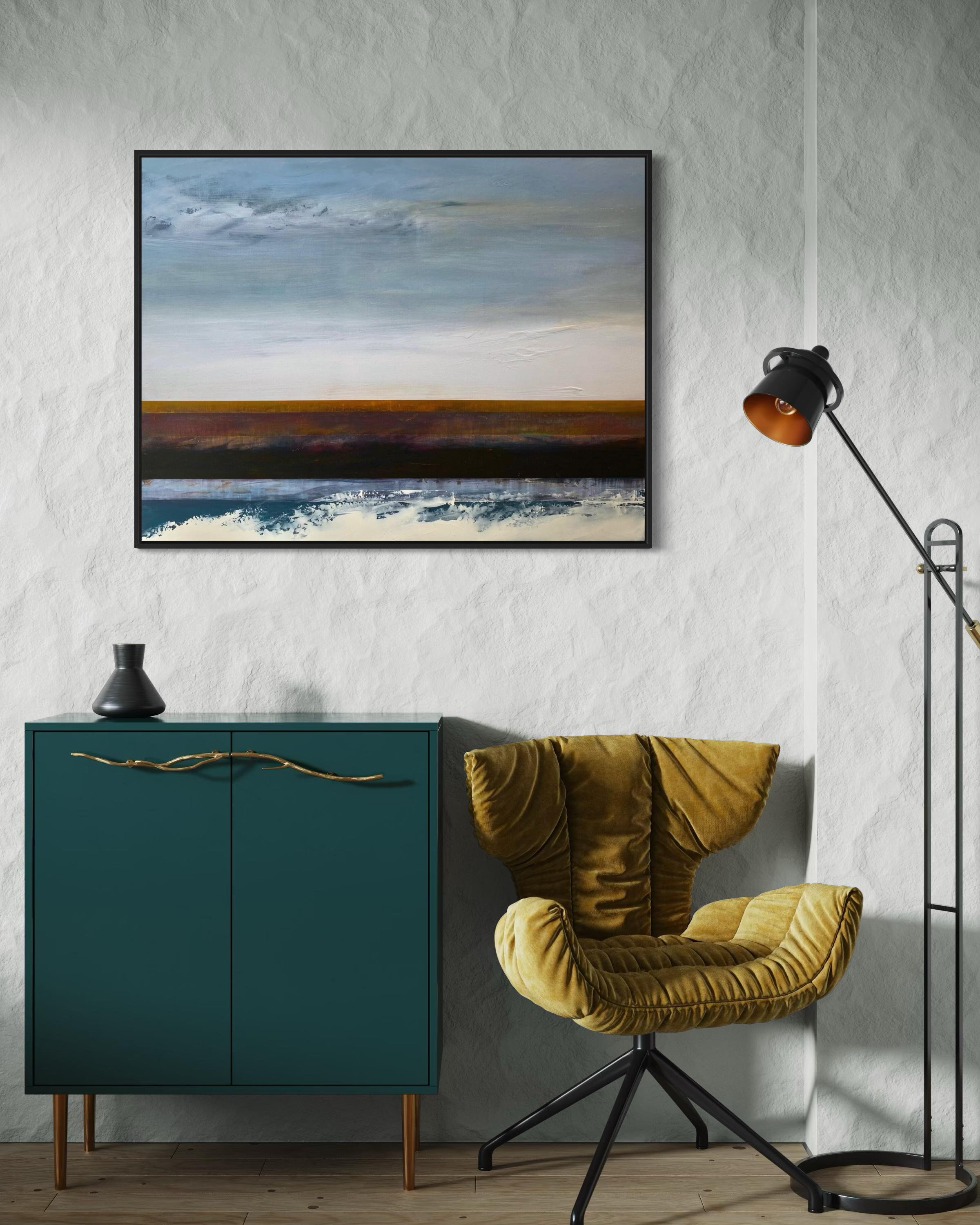 „Storm Surge III“ von Katheryn Holt – Abstraktes Gemälde in Blau und Erdtönen im Angebot 8