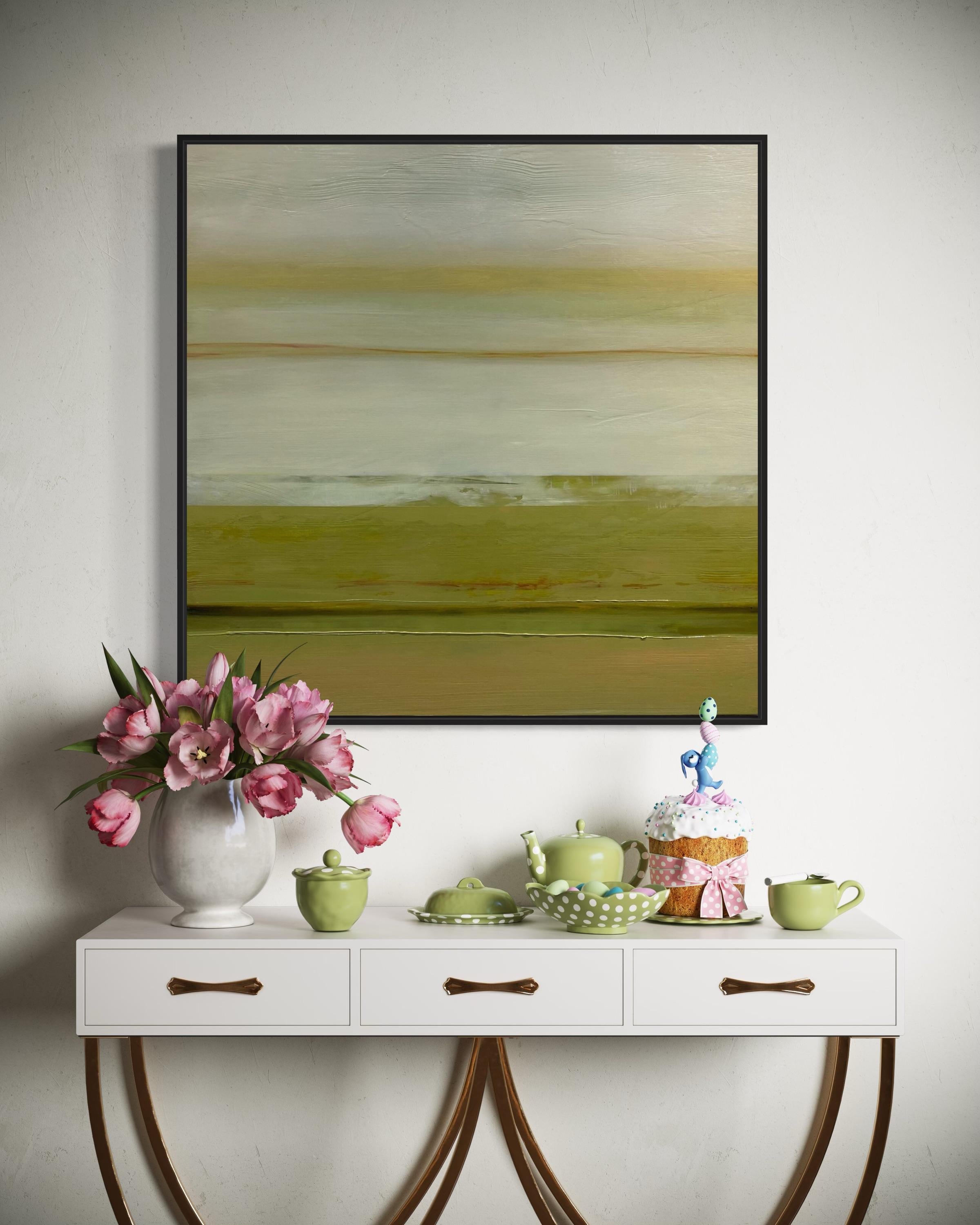 Sunrise' par Katheryn Holt - Peinture abstraite contemporaine verte et grise en vente 1