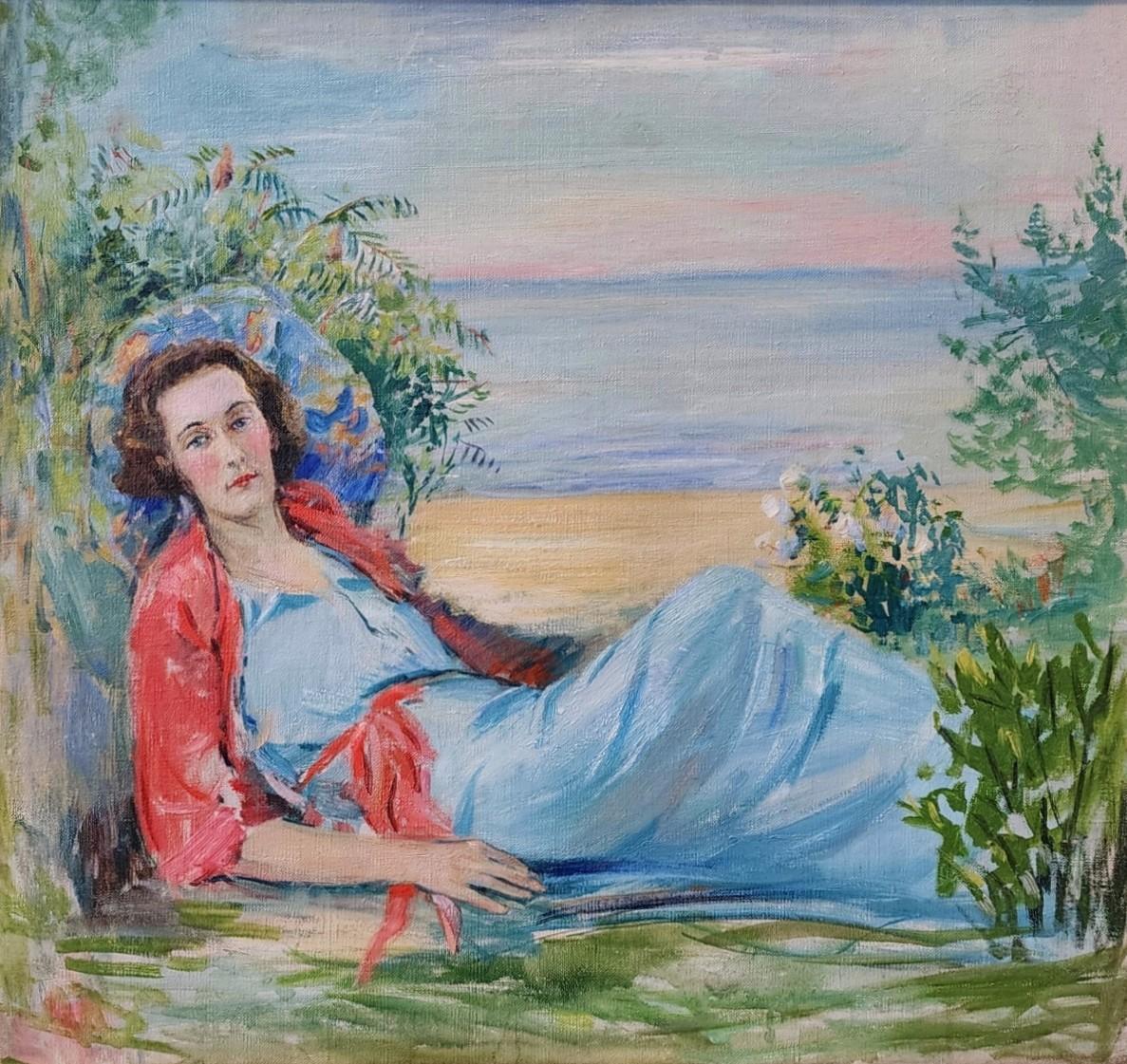 Lounging Near Lake Michigan, Porträt einer Frau – Painting von Katheryn Leone Wood