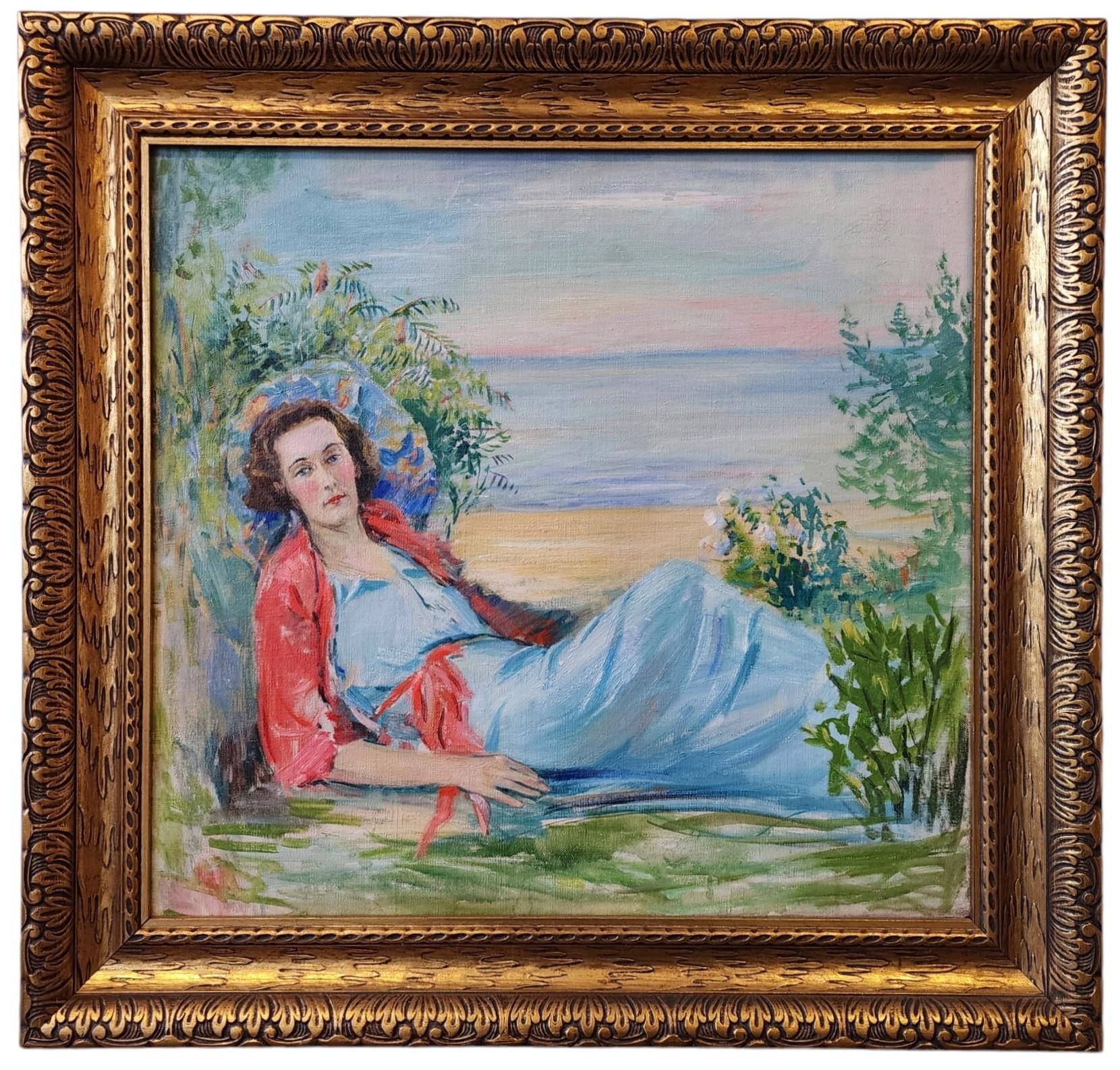 Katheryn Leone Wood Portrait Painting – Lounging Near Lake Michigan, Porträt einer Frau