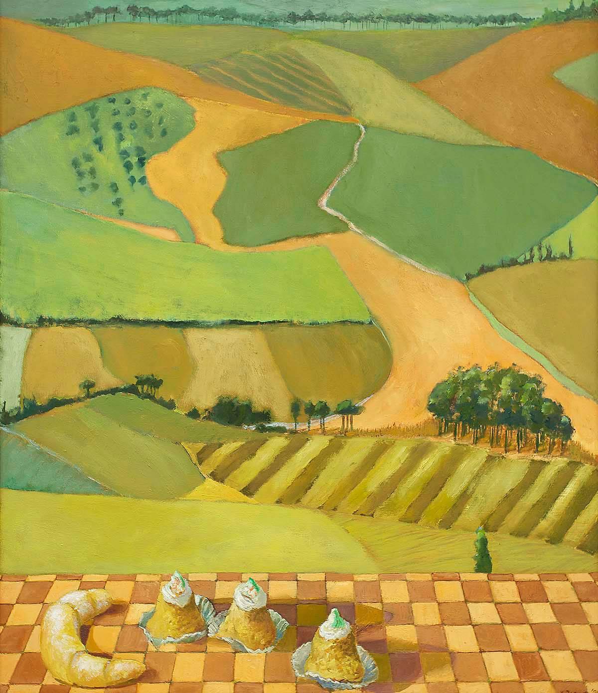 Peinture de grande taille « Patchwork Landscape with French Pastries » sans titre - Painting de Kathi Packer