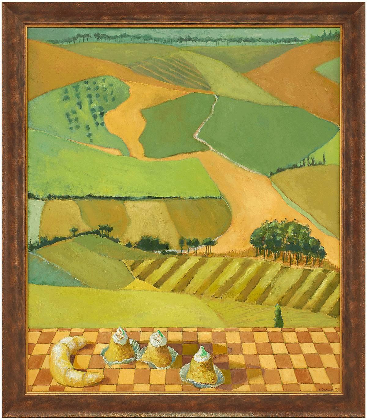 Patchwork-Landschaft ohne Titel mit französischen Gegenständen, großes Gemälde