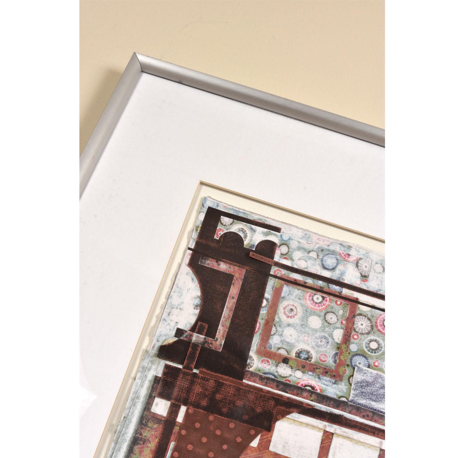 Kathleen Bridges Mehrschichtige Papiercollage Oxblood Rot Blau Geometrisches Muster (amerikanisch) im Angebot