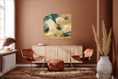 "At the Heart of it" - Light blue & yellow abstract painting, oil on canvas.