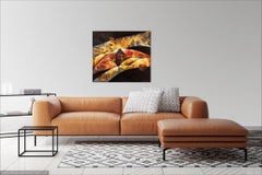 "Connections" - Rectangular abstract painting in black, orange & yellow.