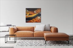 "Frontier" - Horizontal abstract painting in sienna, ochre and black colors.