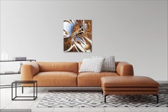 "Night's Inventions" - Vertical abstract painting in sienna and blue colors.