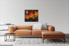 "Pathos" - Horizontal abstract painting with organic shapes in warm colors.