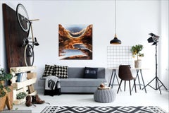 "Turning Green" - Vertical abstract painting in sienna, blue and gray colors.