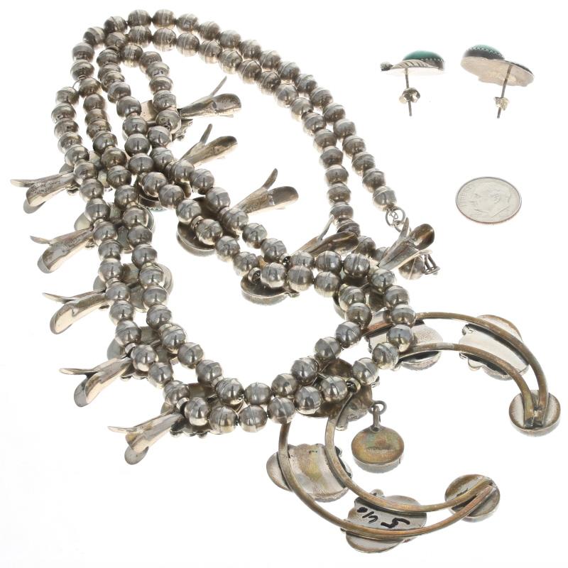 Kathleen Chavez Navajo Squash Blossom Malachite Earrings & Necklace Set 925 For Sale 2