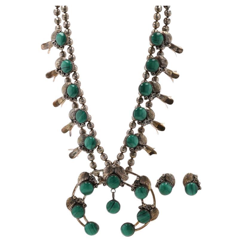 Kathleen Chavez Navajo Squash Blossom Malachite Earrings & Necklace Set 925