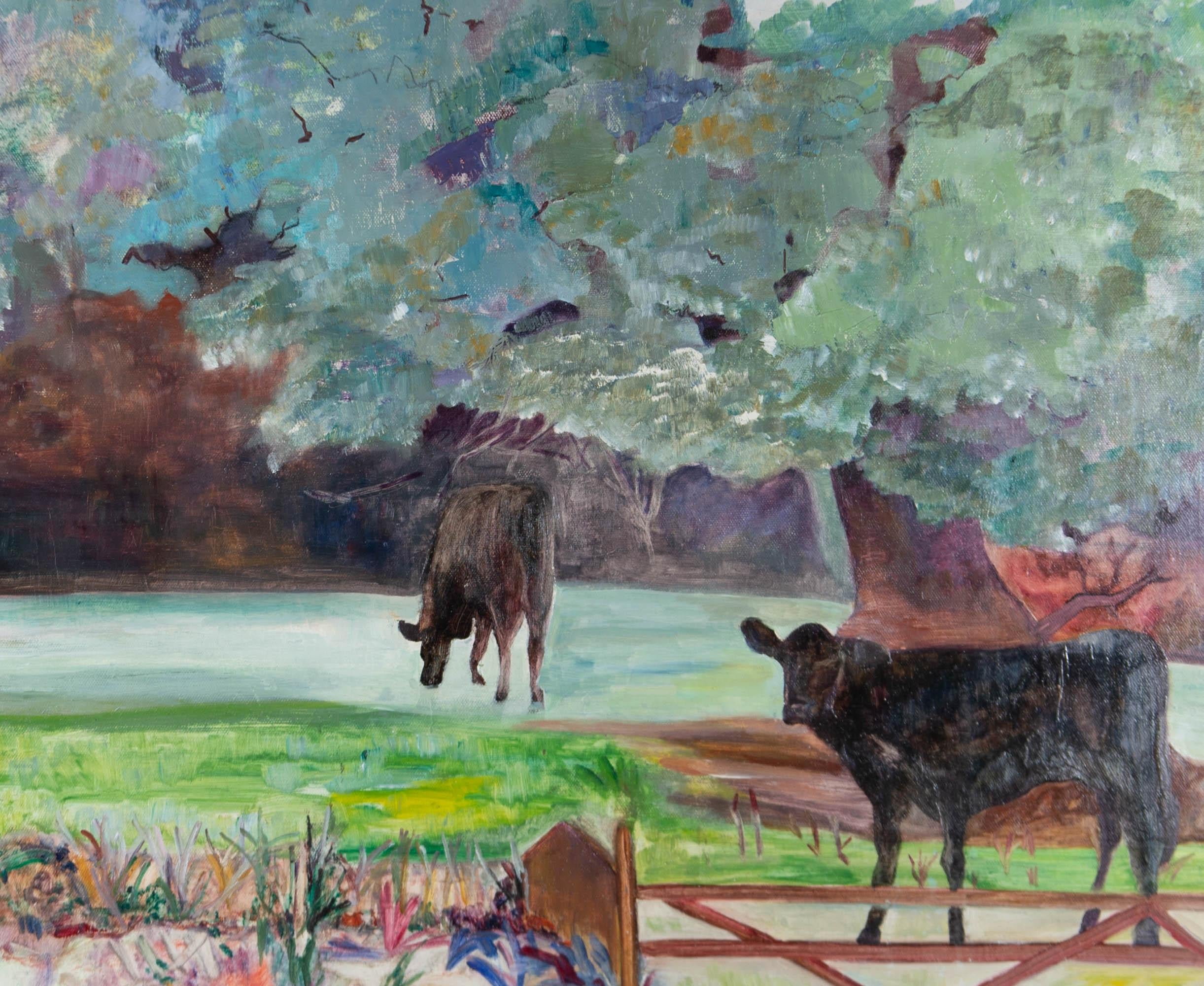 Kathleen Cox - 2002 Olio, Due mucche, Fraddon in vendita 1