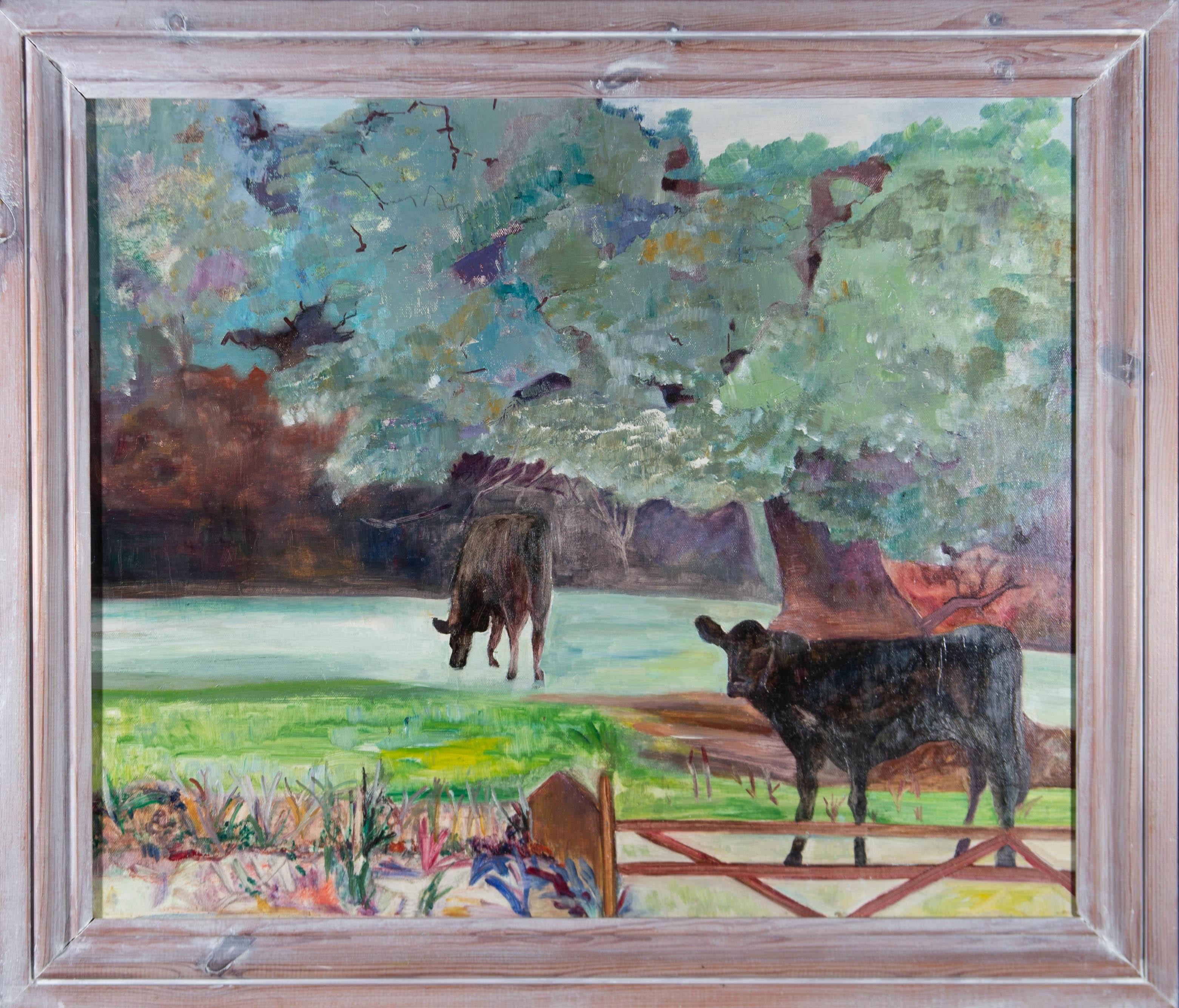 A colourful oil scene with a fauvist twist, showing a pair of black cows grazing in a meadow. The artist has used a vibrant palette and suggestive bold brushwork to create a charming and fun filled landscape. The painting is presented in a