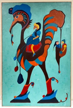 Large British Abstract Painting Colorful Cockerel Bird, original work