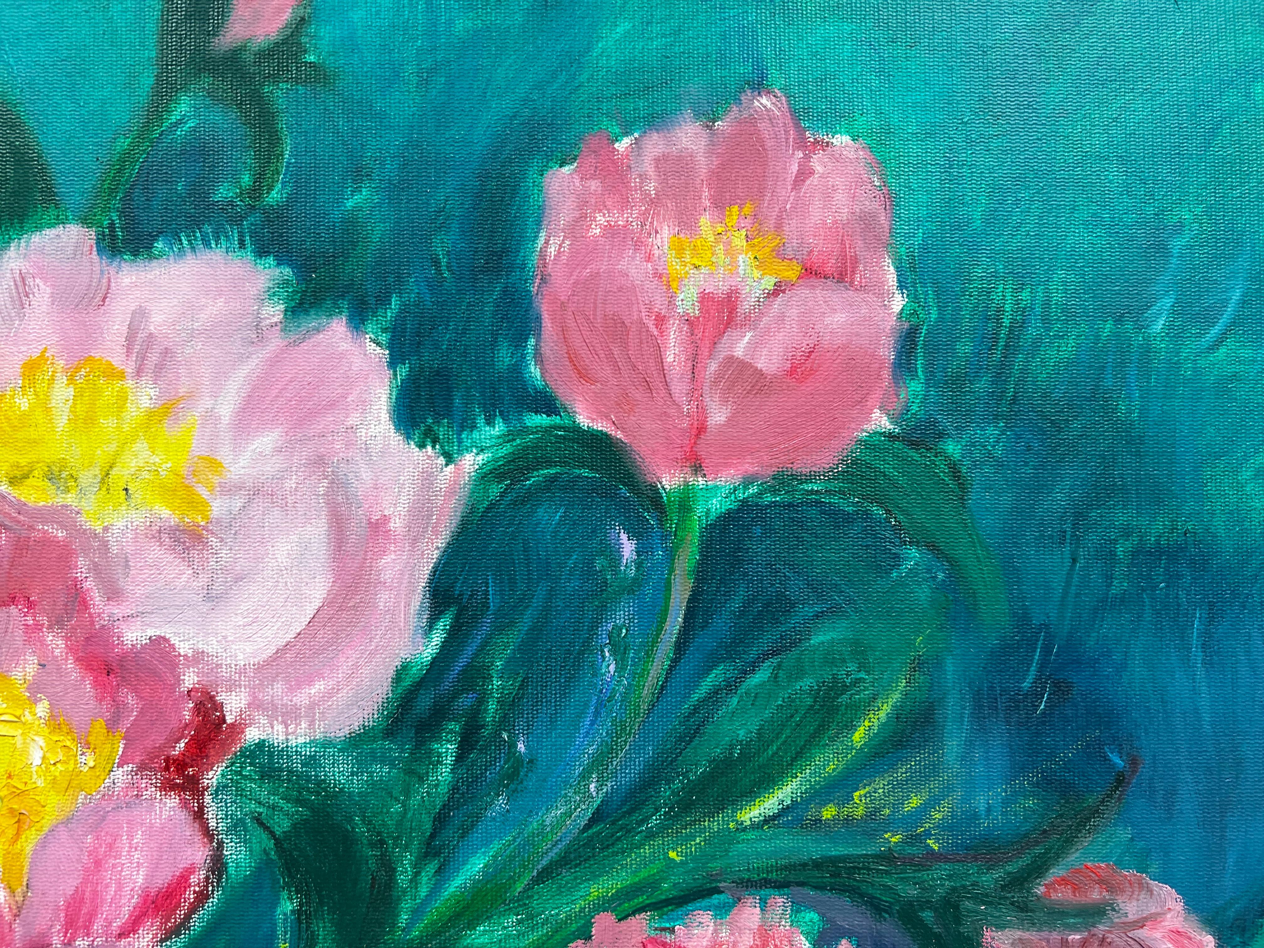 Large British Contemporary Painting - Pink Flowers against Blue Background For Sale 1