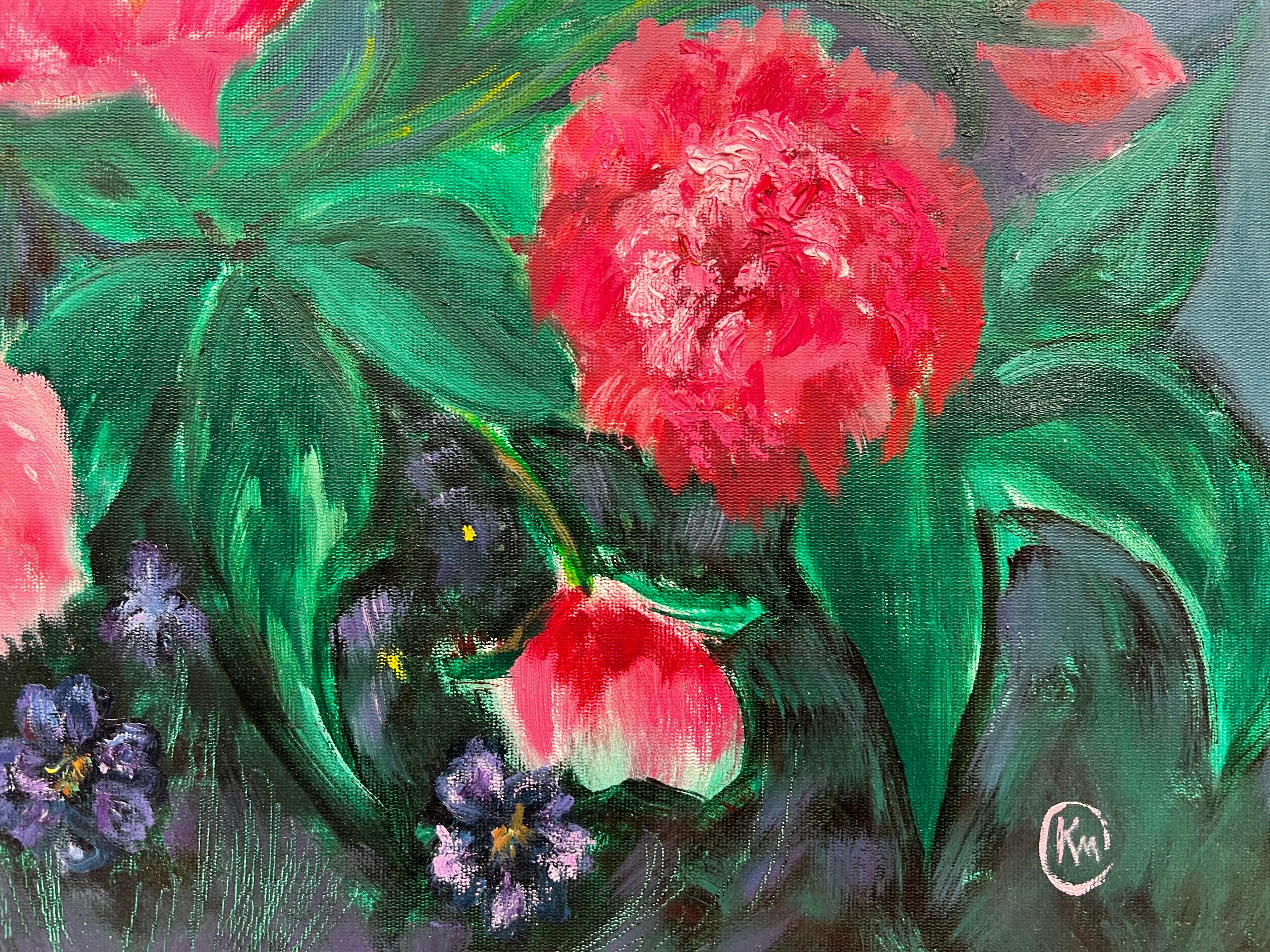 Large British Contemporary Painting - Pink Flowers against Blue Background For Sale 3