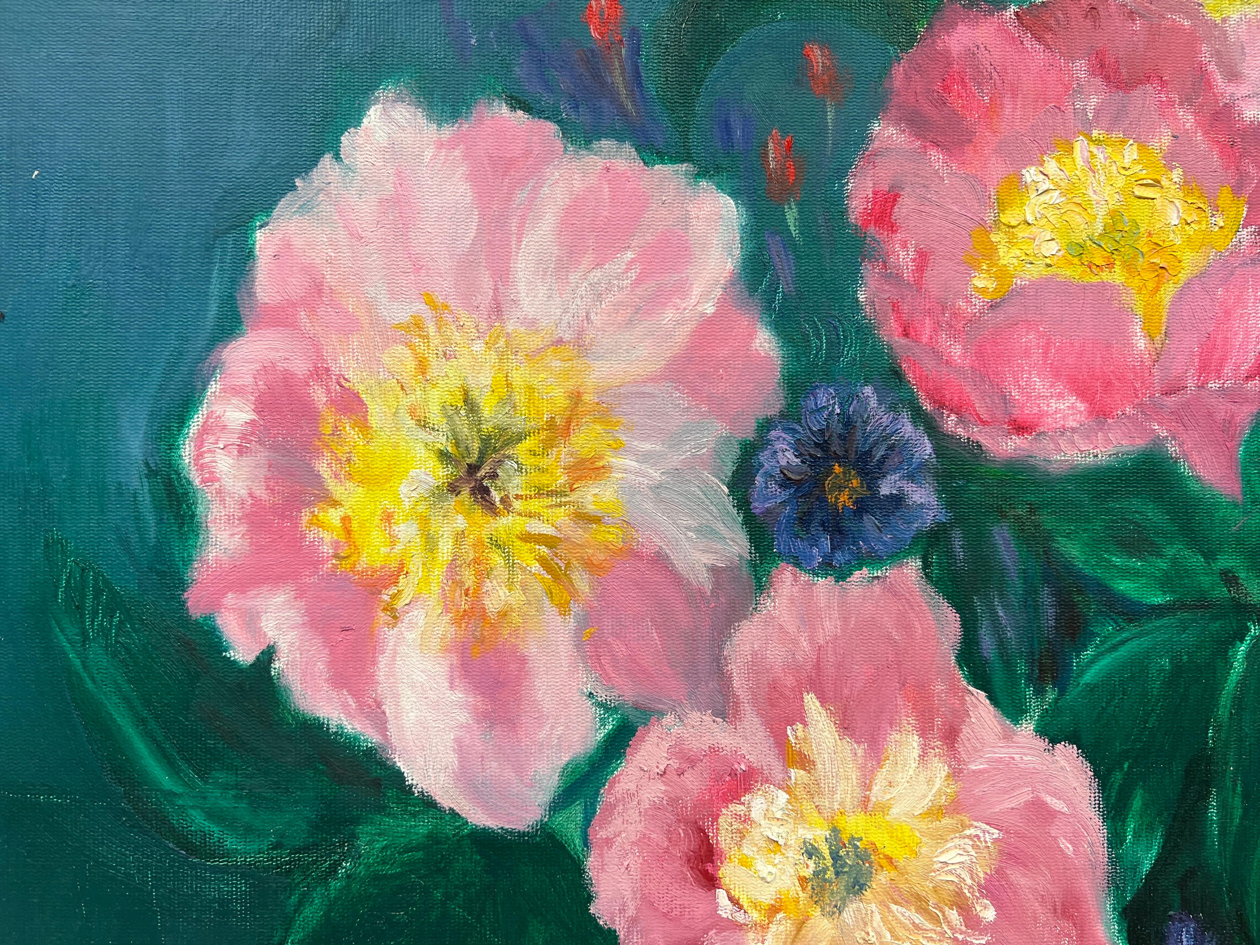 Large British Contemporary Painting - Pink Flowers against Blue Background For Sale 4