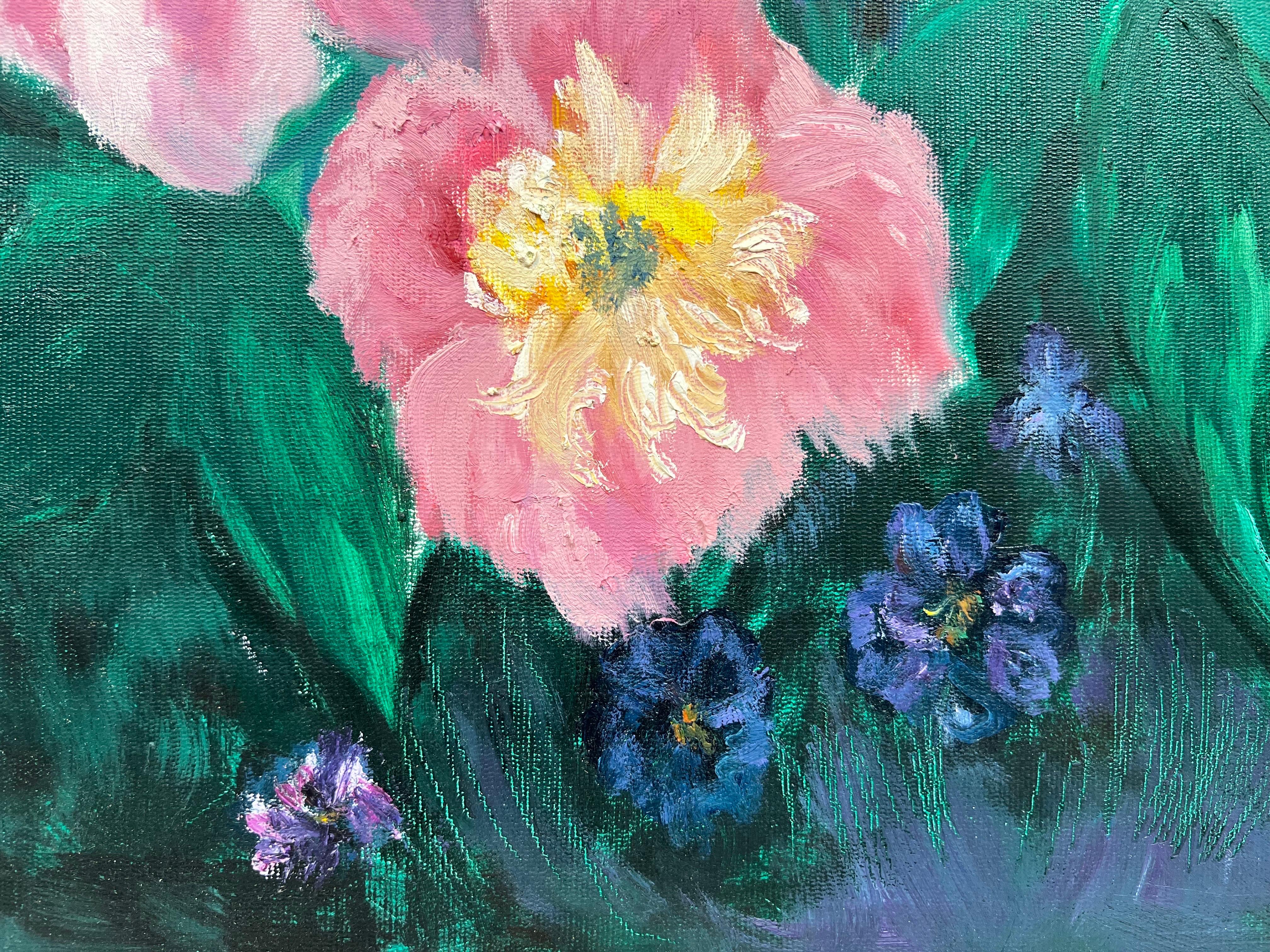Large British Contemporary Painting - Pink Flowers against Blue Background For Sale 5