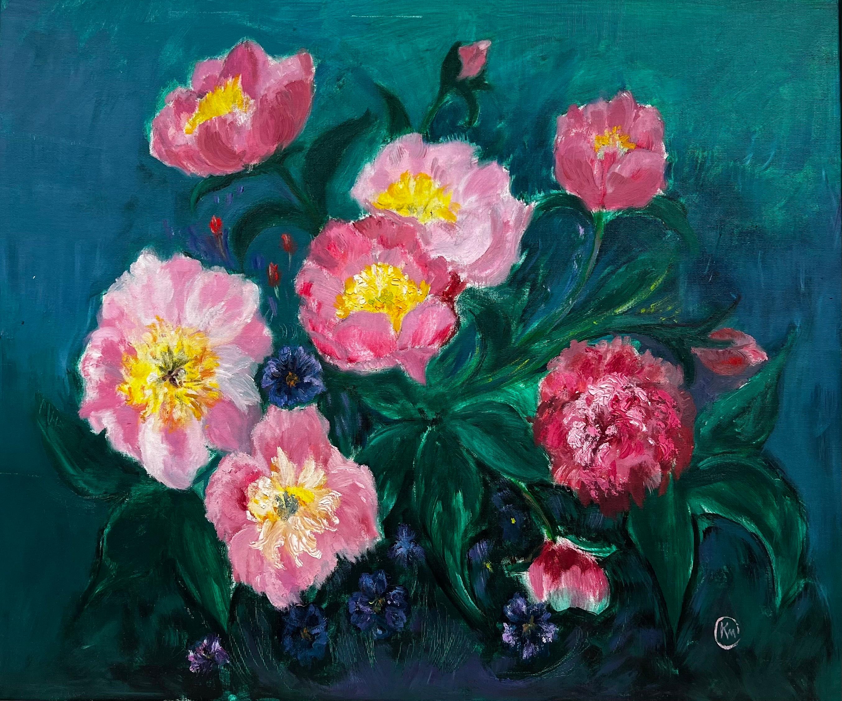 Kathleen Crow Interior Painting - Large British Contemporary Painting - Pink Flowers against Blue Background