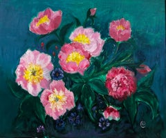 Large British Contemporary Painting - Pink Flowers against Blue Background