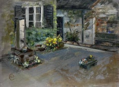 Original Painting Grey Garden Patio Landscape, signed
