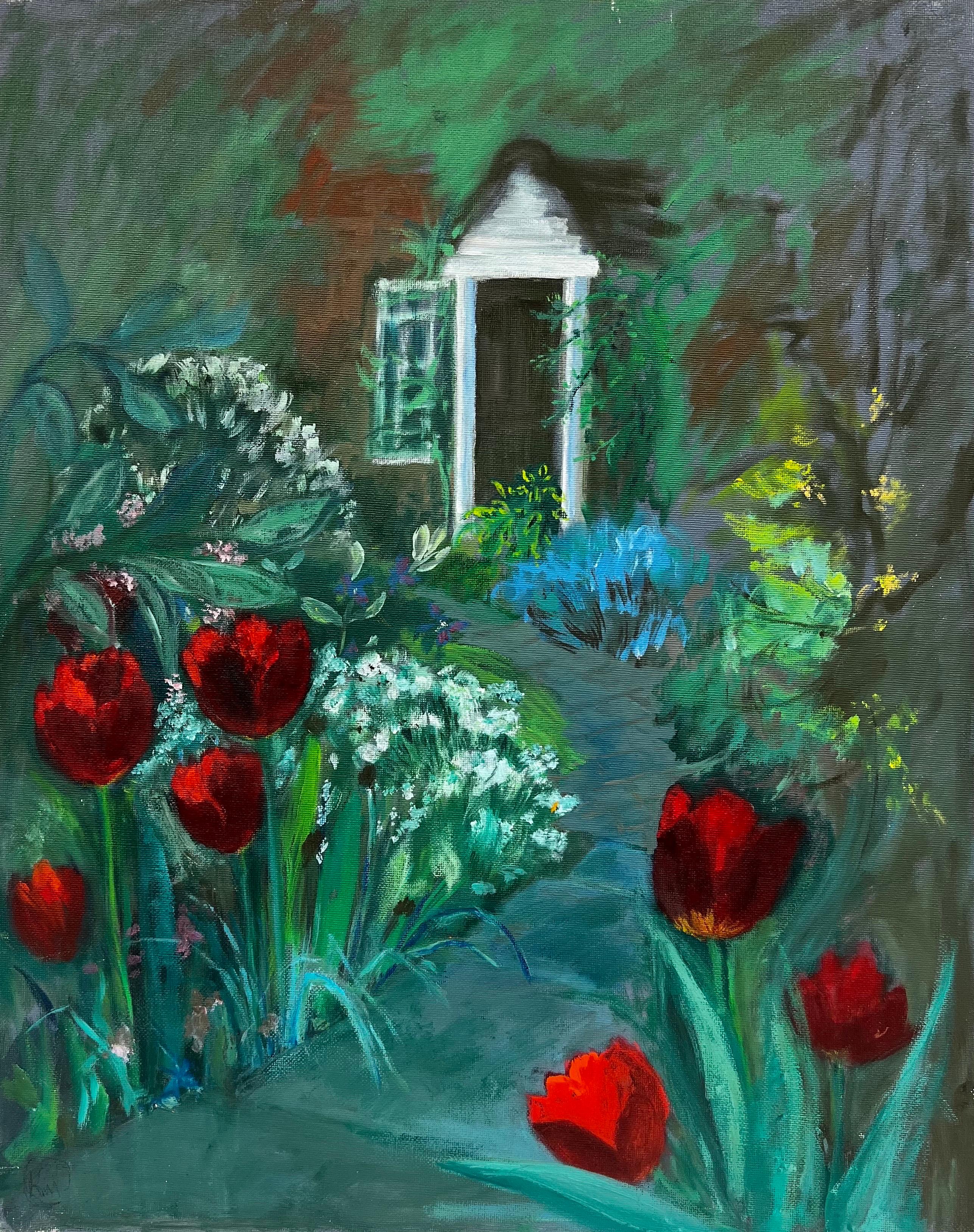 El camino de los tulipanes rojos hacia el jardín secreto, cuadro original firmado - Painting de Kathleen Crow