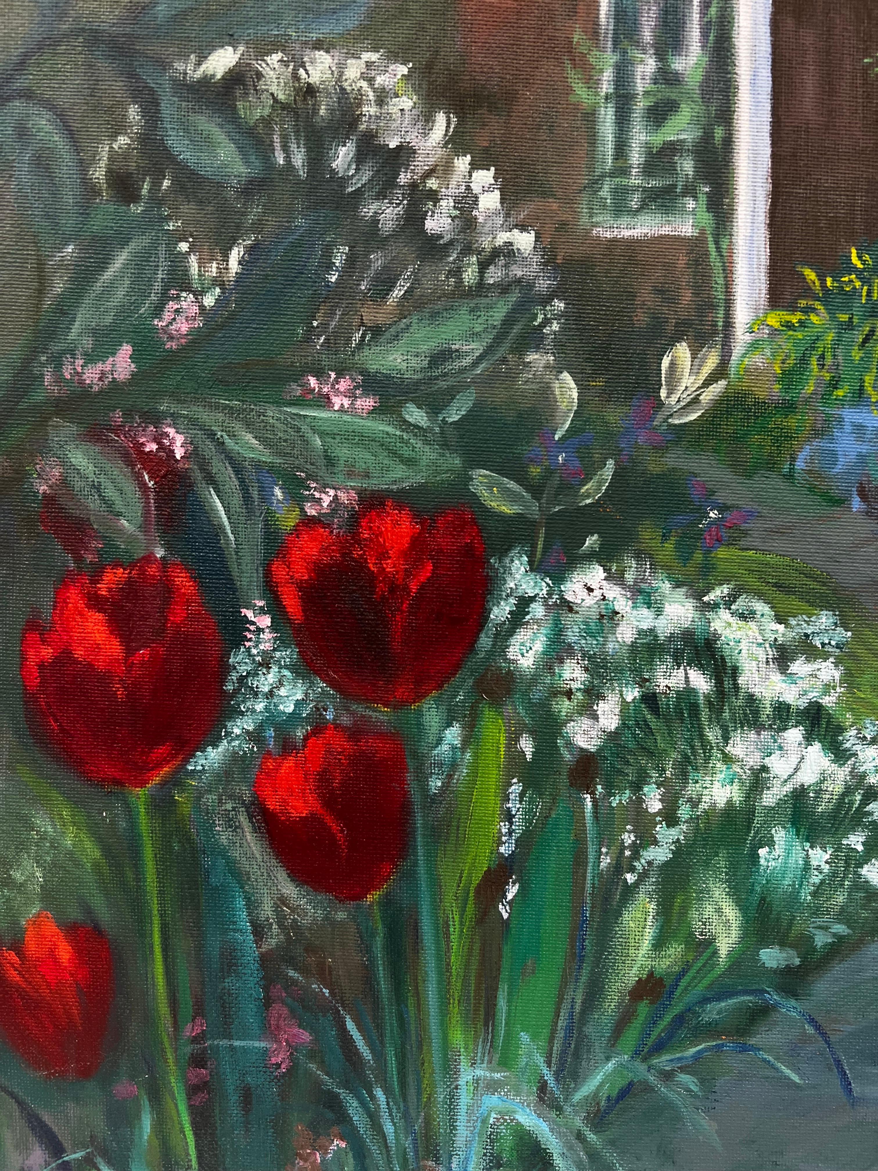The Red Tulip Path To The Secret Garden, signiertes Originalgemälde (Viktorianisch), Painting, von Kathleen Crow